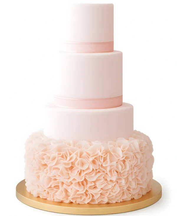 Красивый свадебный торт розового цвета с рюшами на нижнем ярусе Фото