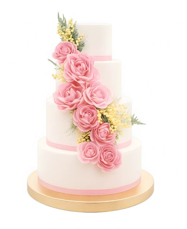 Белый свадебный торт с водопадом розовых роз Фото