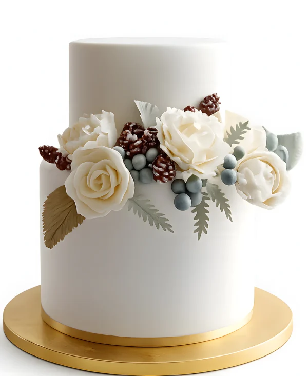 Белый двухъярусный свадебный торт с розами Фото