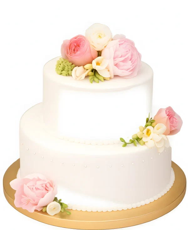 Свадебный двухъярусный торт с живыми цветами и жемчугом Фото