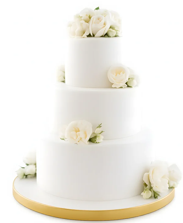 Белый трехъярусный торт с живыми цветами Фото