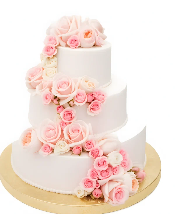 Свадебный торт с живыми цветами большие и маленькие розы Фото