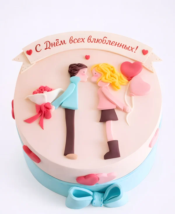 Персиковый торт с бантом и влюбленными Фото