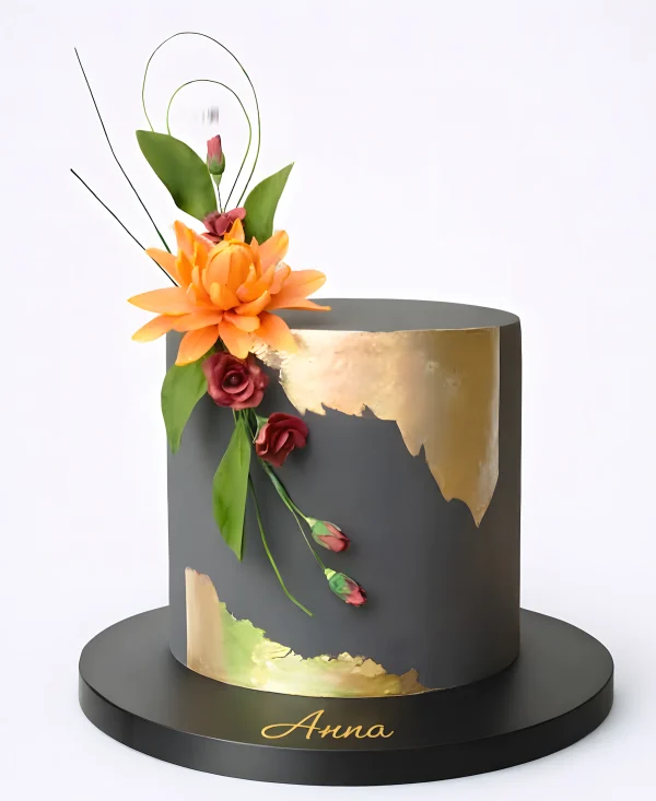Оригинальный черный торт с цветами Фото