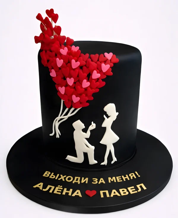 Торт черный с красными сердцами Фото