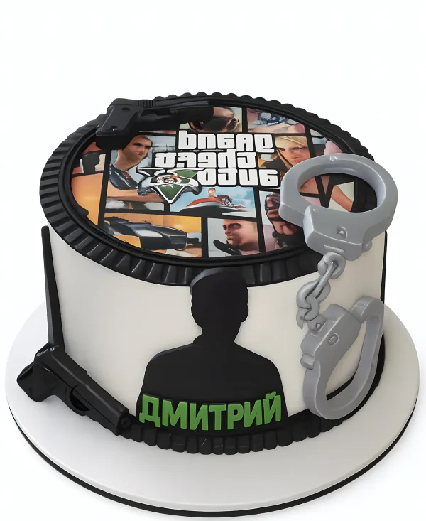 Торт GTA с фотопечатью и наручниками Фото