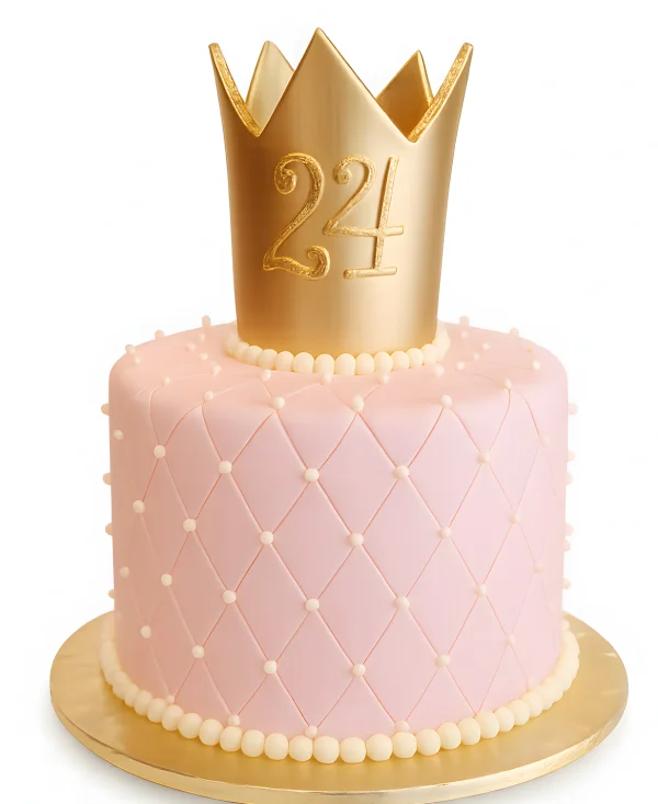 Розовый торт с золотой короной Фото