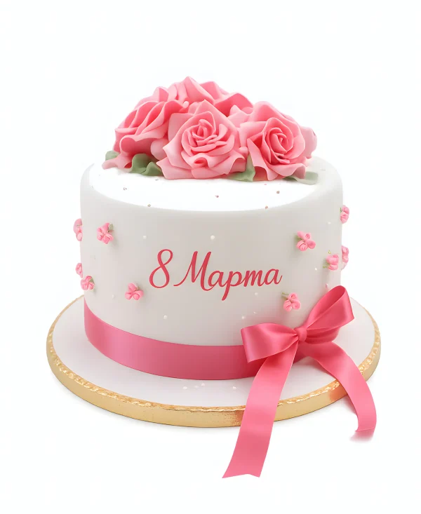 Белый торт на 8 марта с розами и бантом Фото