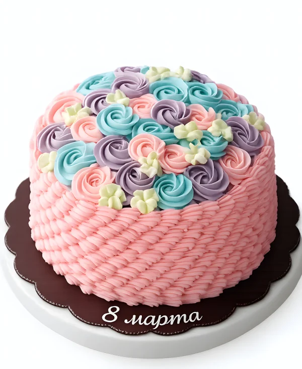 Разноцветный торт на 8 марта с кремовыми цветами Фото
