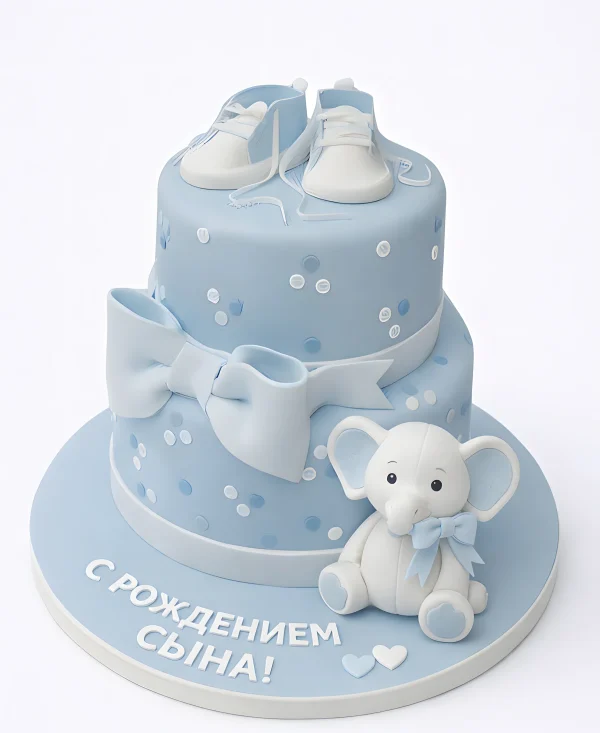 Торт голубого цвета с слоненком и бантиком Фото