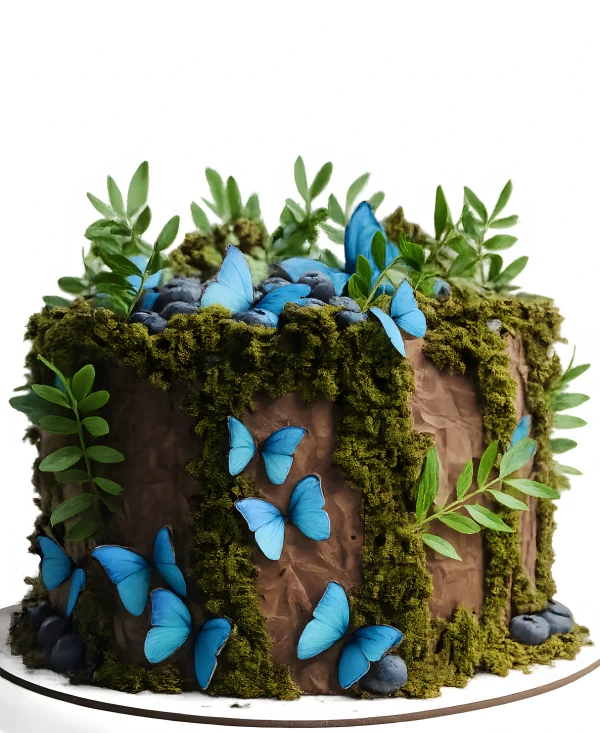 Торт с небесно-голубыми бабочками и мхом Фото