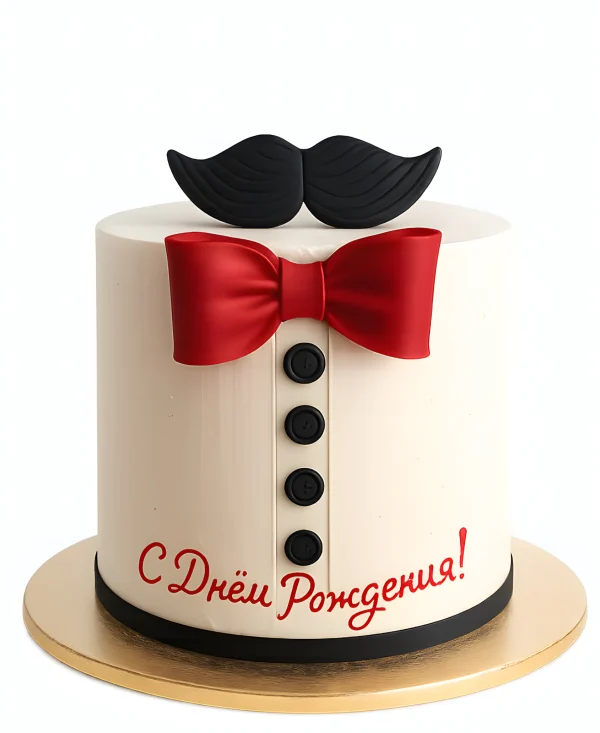 Торт в виде рубашки с бордовой бабочкой и усами Фото