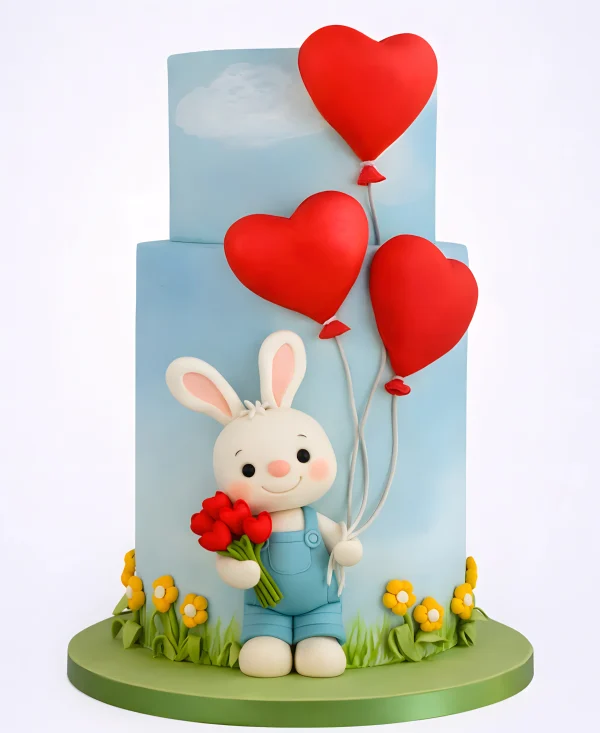 Торт голубой с мишкой и шарами Фото