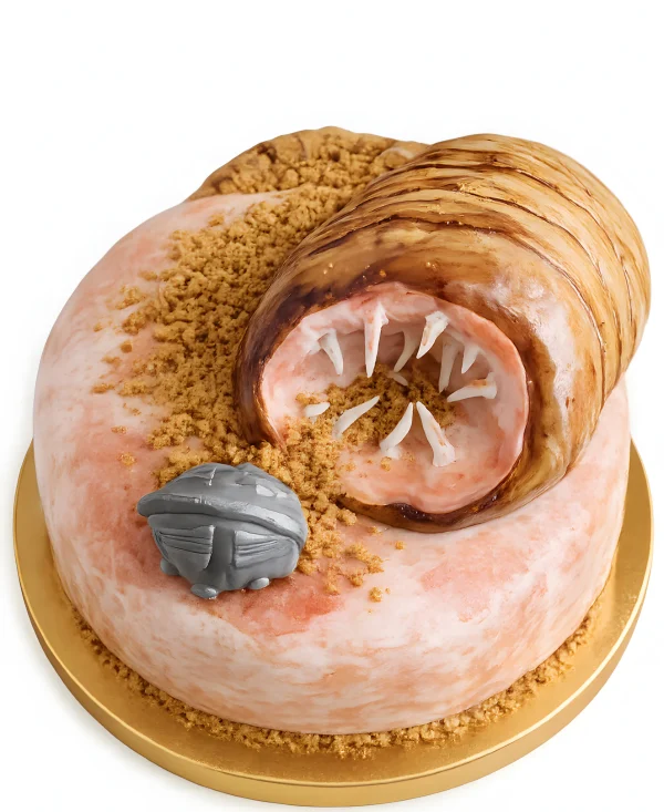 Яркий торт в виде охотящегося червя Шаи-Хулуд на корабль Фото