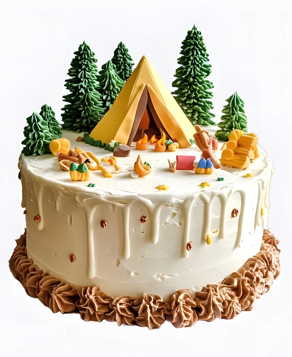 Торт с желтой палаткой и деревьями Фото