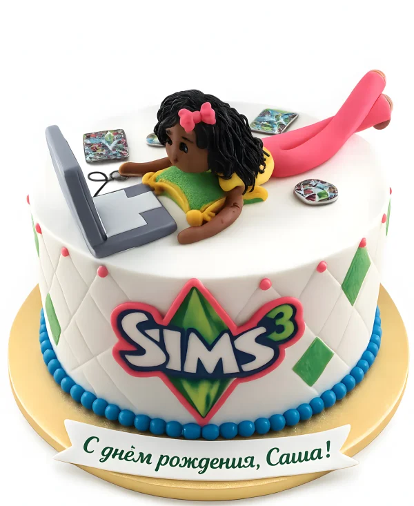 Белый торт с фигуркой девушки и ноутбуком Фото