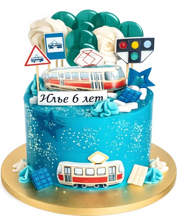 Бирюзовый торт на 6 лет с фотопечатью трамвая Фото