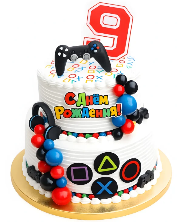 Двухъярусный торт с джойстиком и наушниками для геймера Фото