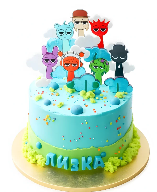 Голубой торт по игре с карамельными и мастичными облаками Фото