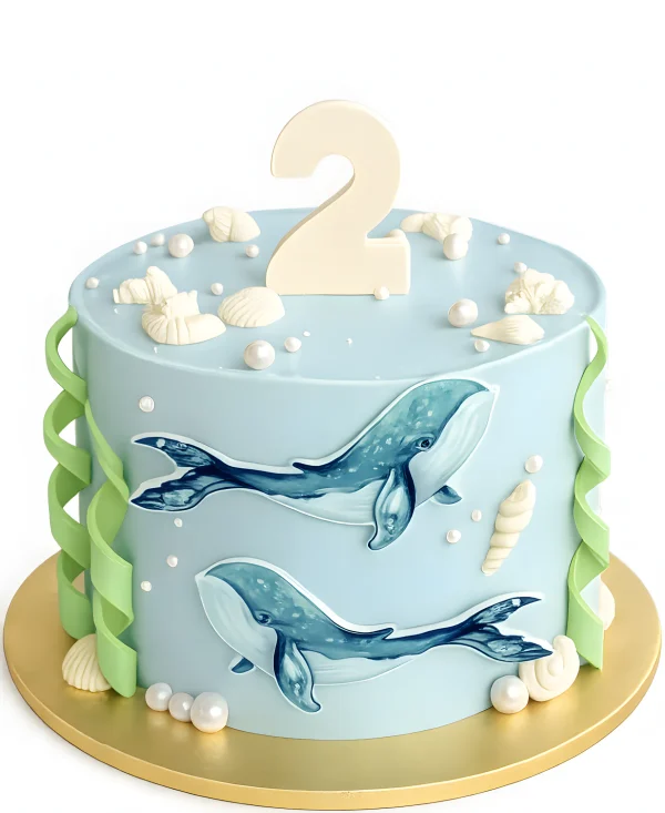 Голубой торт с мастичными топперами китов Фото