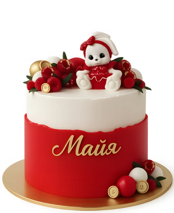 Красно-белый торт с ягодами и зайцем Фото