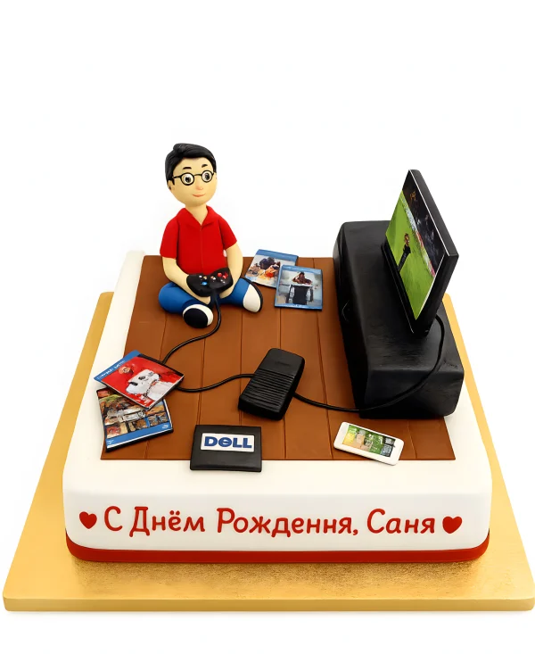 Квадратный торт с фигуркой геймера Фото