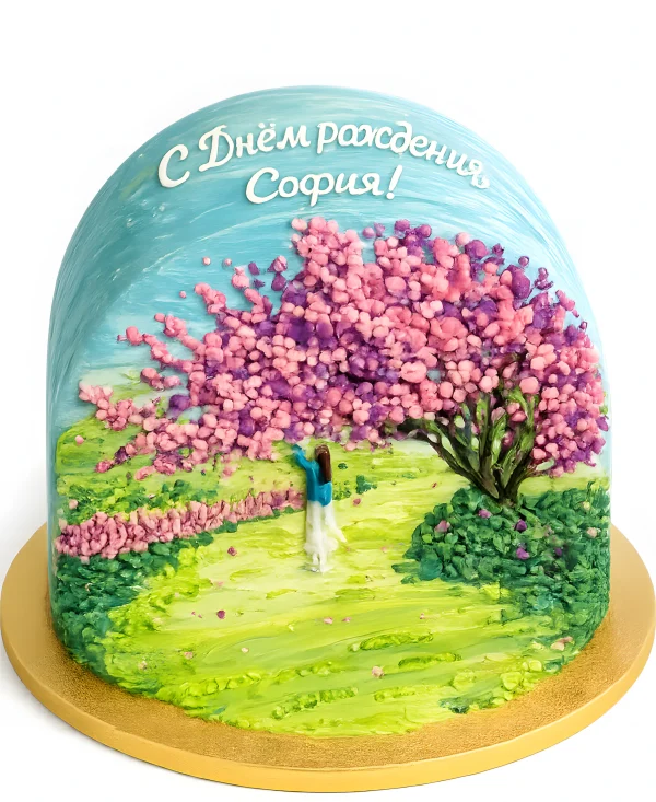 Летний вертикальный торт с девушкой под деревом Фото