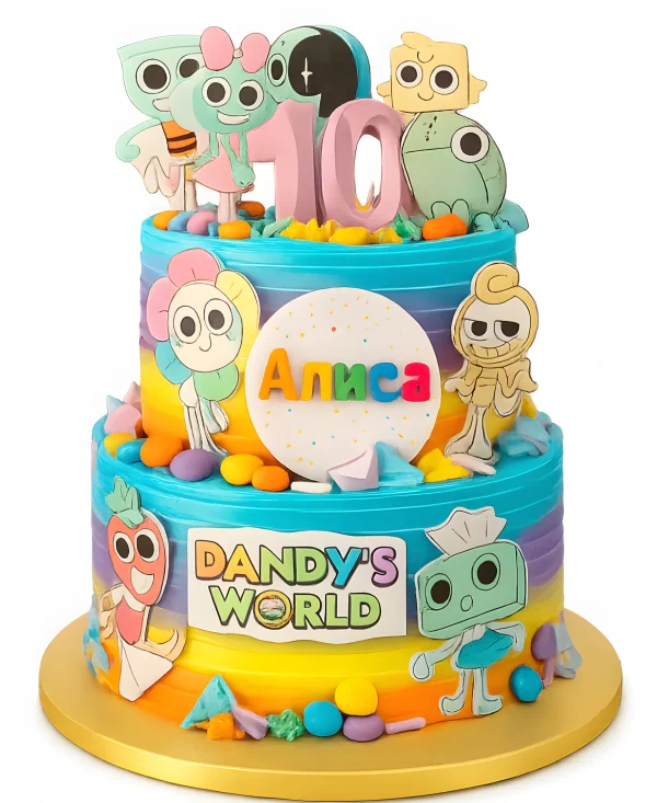 Милый торт на 10 лет с аппликацией и мастичными шариками Фото