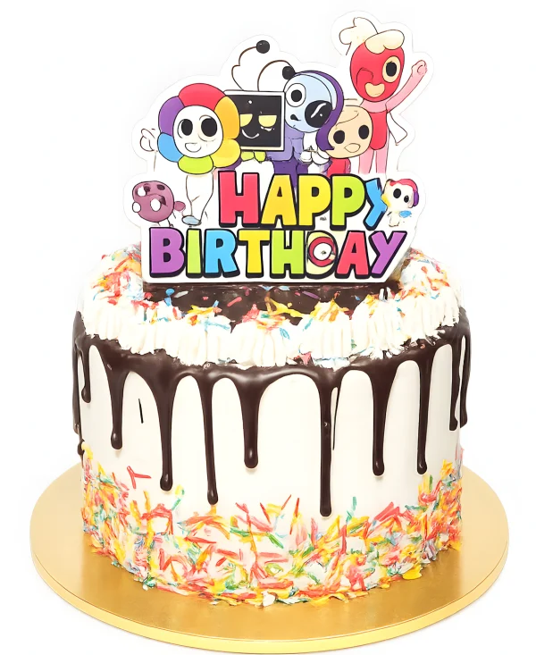 Минималистичный торт с фотопечатью и шоколадными подтеками Фото