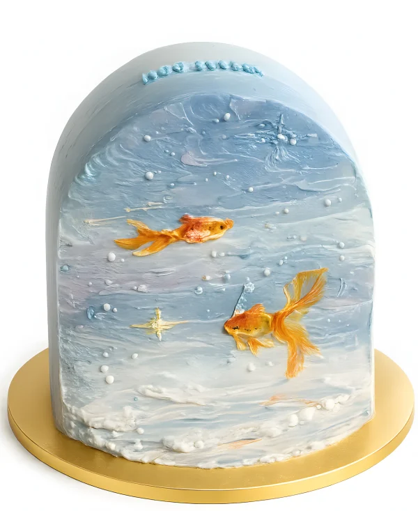 Нежно-голубой торт с золотыми рыбками Фото