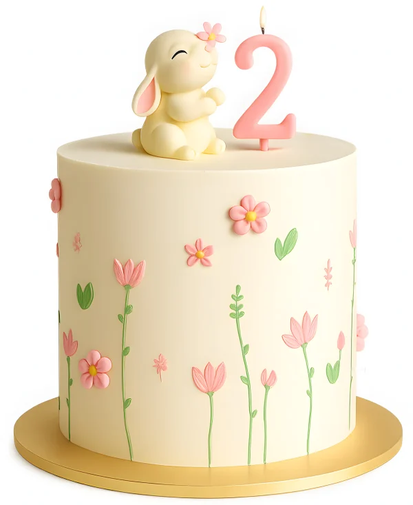 Нежный торт с цветочками и зайцем Фото