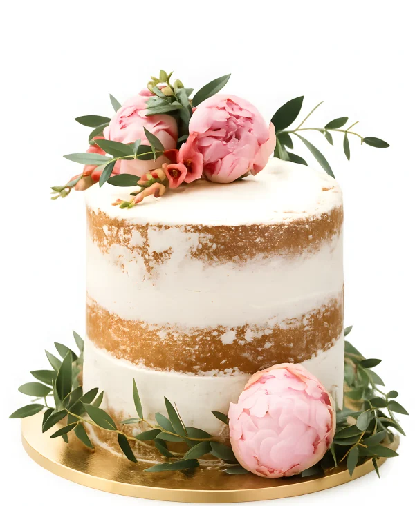 Одноярусный свадебный торт, украшенный бутонами пионов Фото
