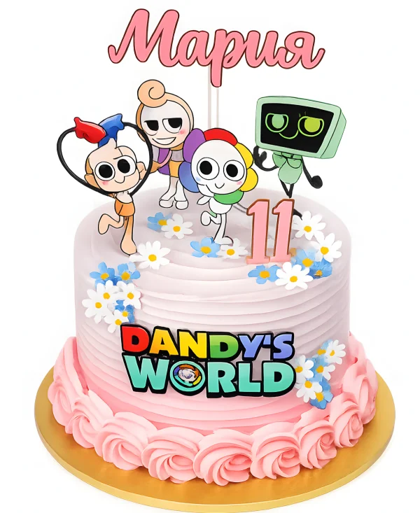 Розовый торт с логотипом игры Мир Денди Фото