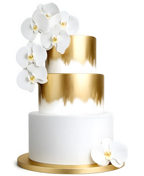 Бело-золотой свадебный торт с орхидеями Фото