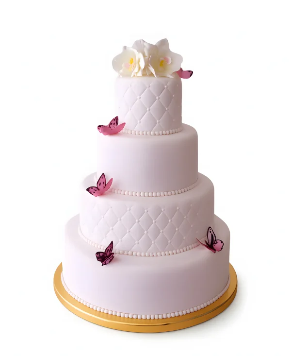 Свадебный торт фактурный с розовыми бабочками и белыми орхидеями Фото