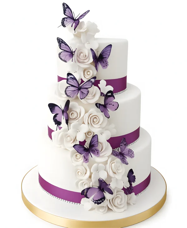 Свадебный торт белыми розами и фиолетовыми бабочками Фото