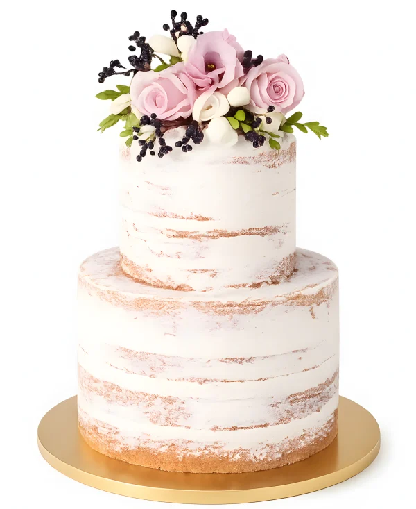 Двухъярусный свадебный торт с красивыми живыми цветами Фото