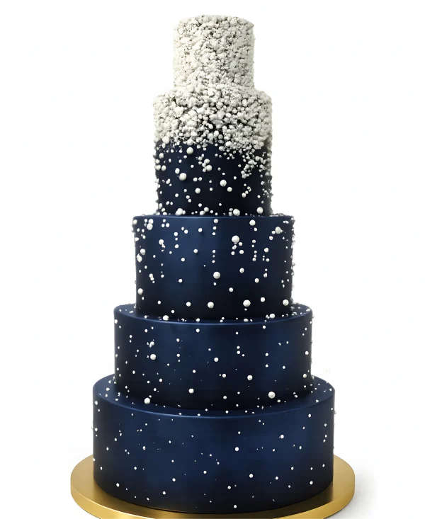Темно-синий четырехъярусный торт со снежным узором Фото