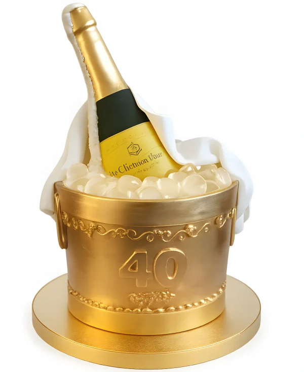 Торт в виде бутылки шампанского в медном ведерке со льдом Фото