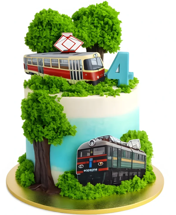 Торт с деревьями и трамваем на 4 годика Фото