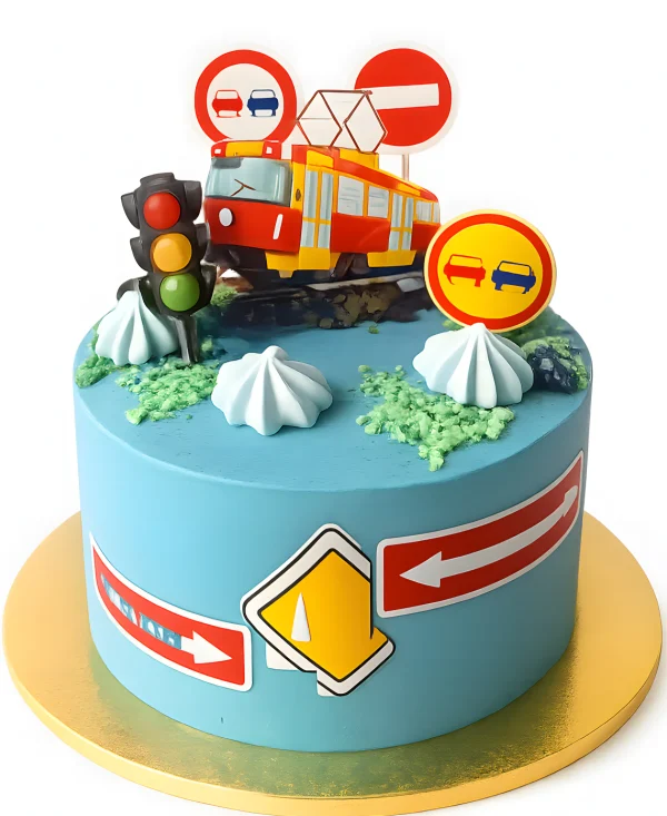 Торт со знаками и топпером трамвая Фото