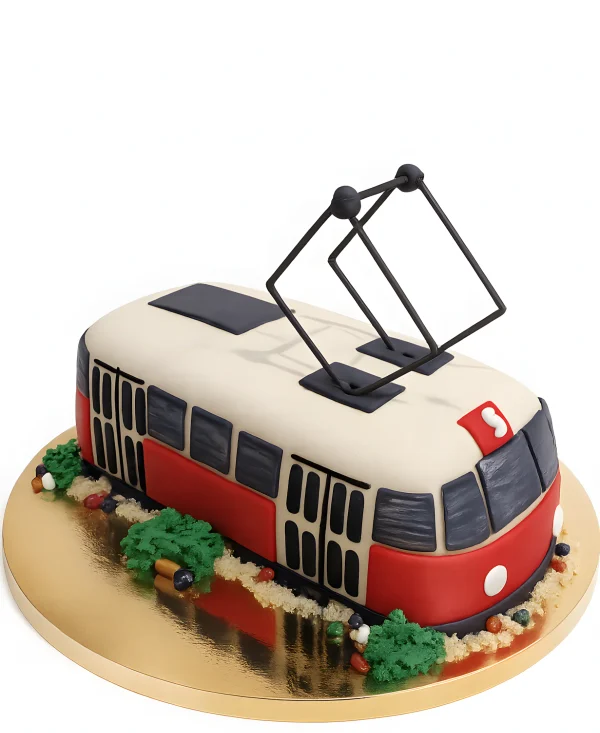 Торт в стиле красно-белого трамвая Фото
