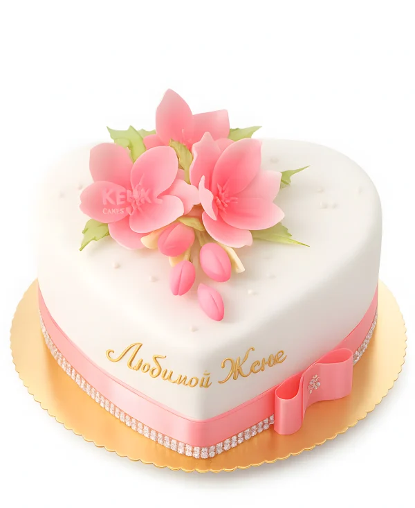 Торт в виде сердца с ярко-розовыми цветами Фото