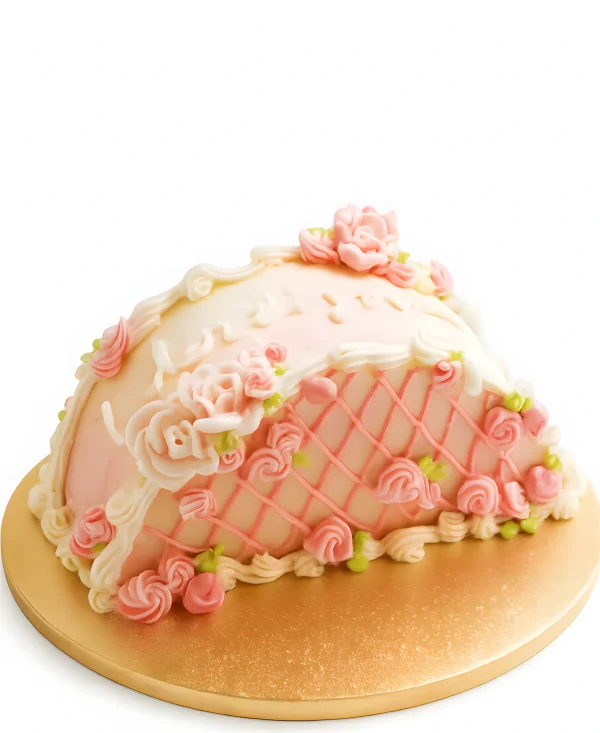 Вертикальный розовый торт с кремовыми розами Фото
