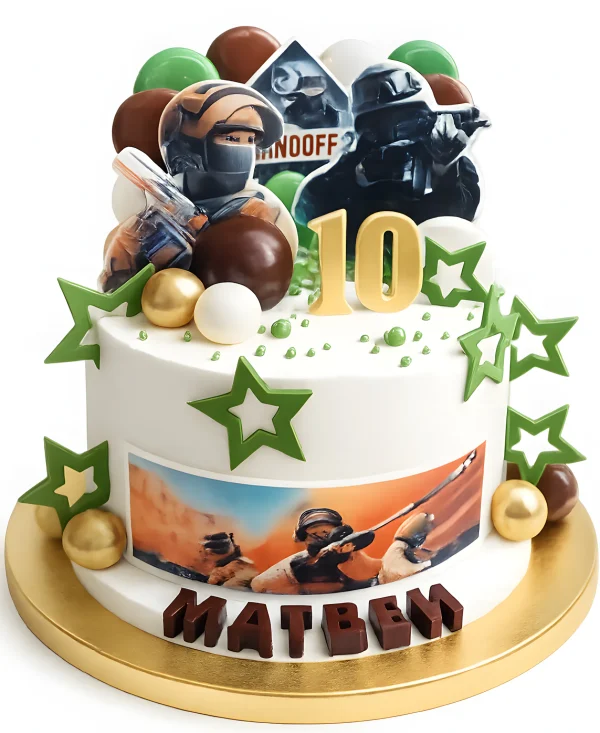 Торт с зелеными звездочками и фотопечатью на 10 лет Фото