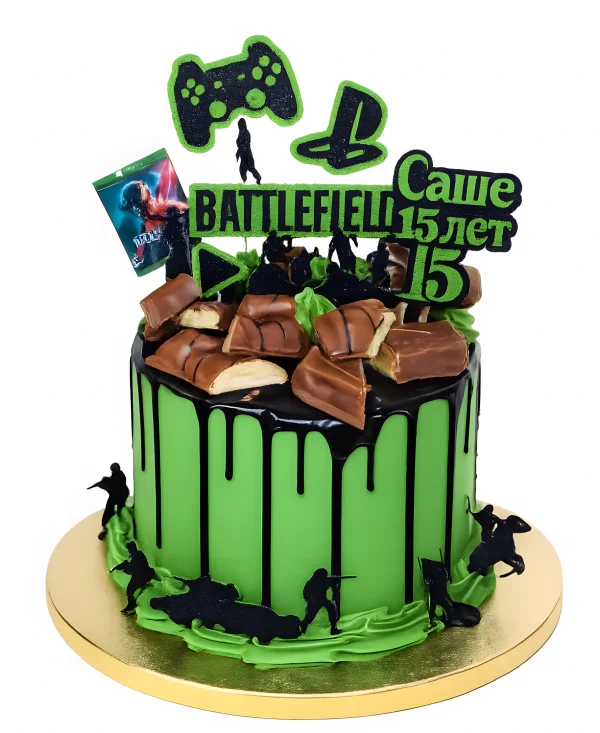 Яркий торт с мастичными топперами в стиле игры Battlefield Фото