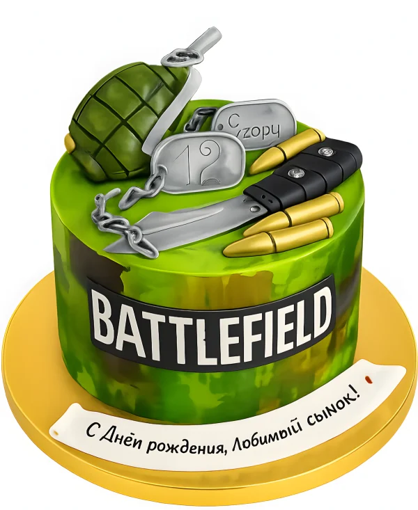 Зеленый торт с гранатой и пулями Фото