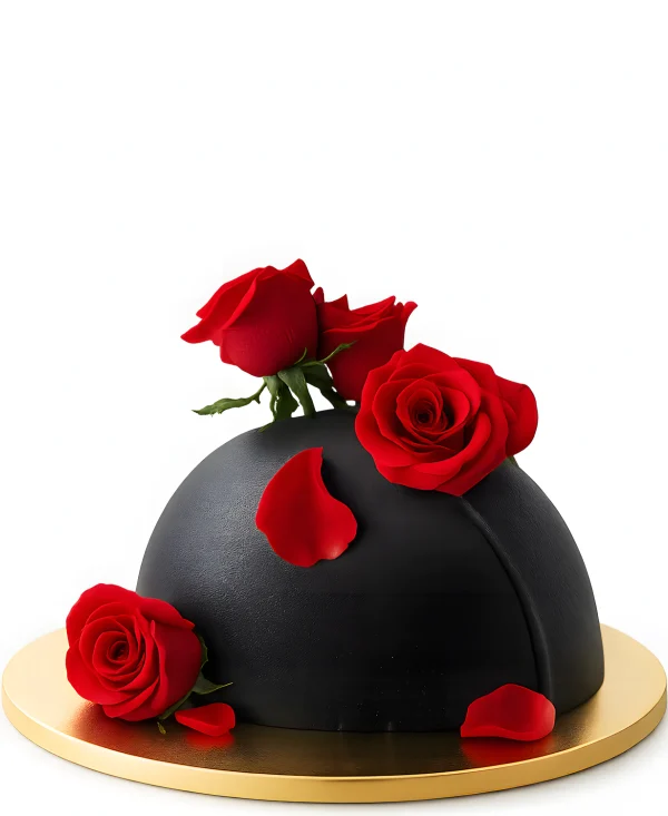 Чёрный готический торт с алыми розами Фото