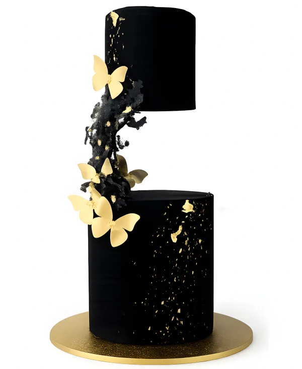 Чёрный торт с золотыми бабочками Фото