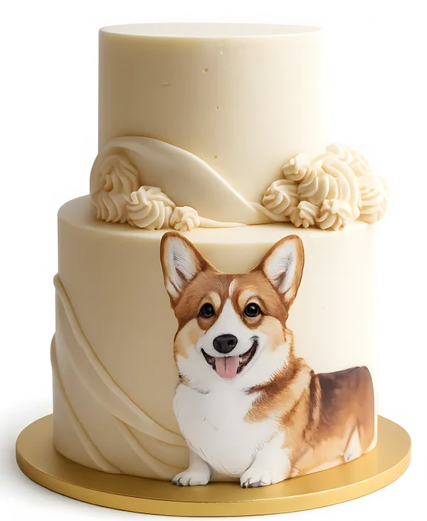 Двухъярусный торт с кремовыми цветочками и корги Фото